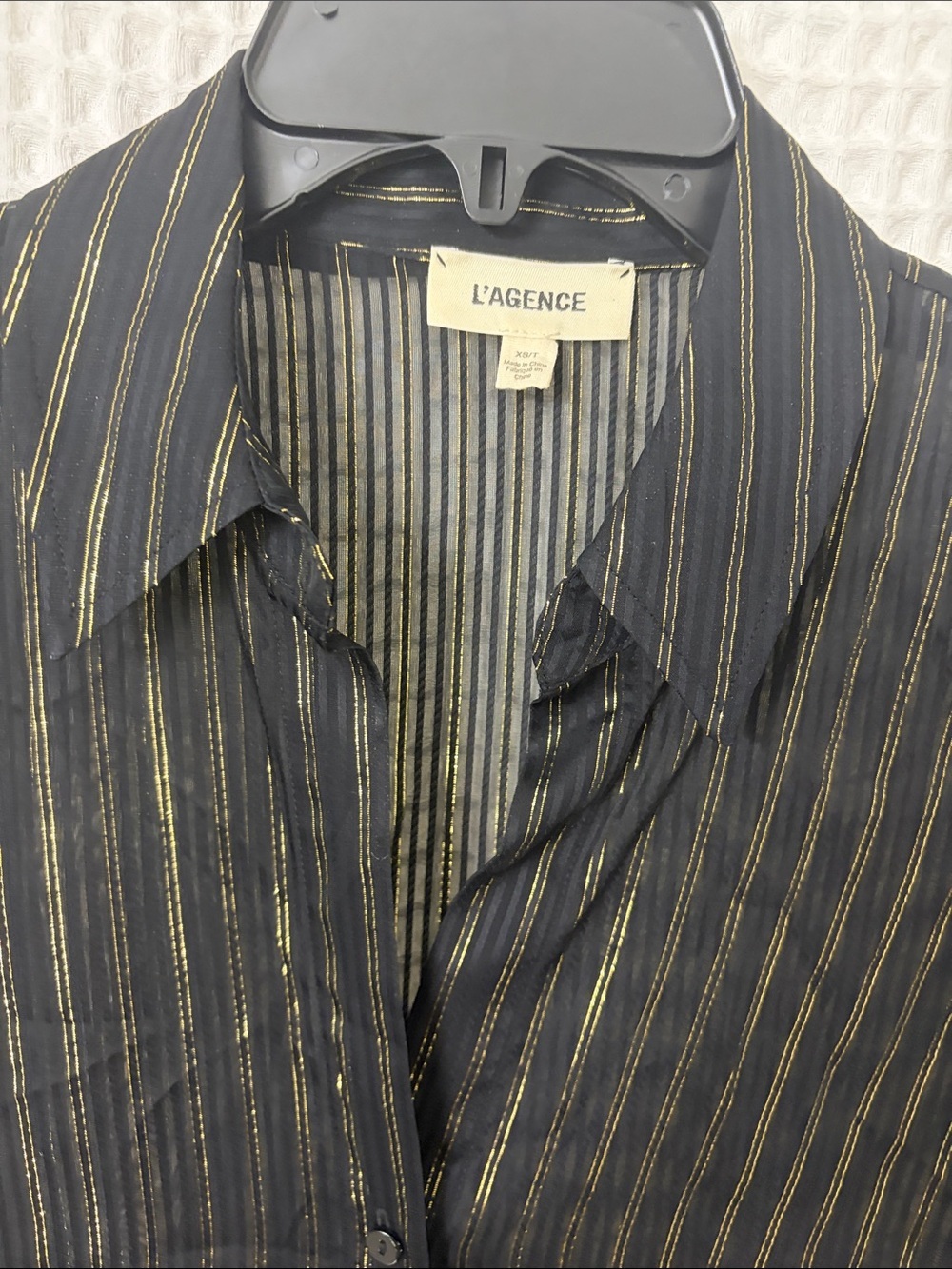 L'AGENCE Laurent Button Shirt Sheer Black Gold Metallic Stripe XS - Picture 6 of 10
